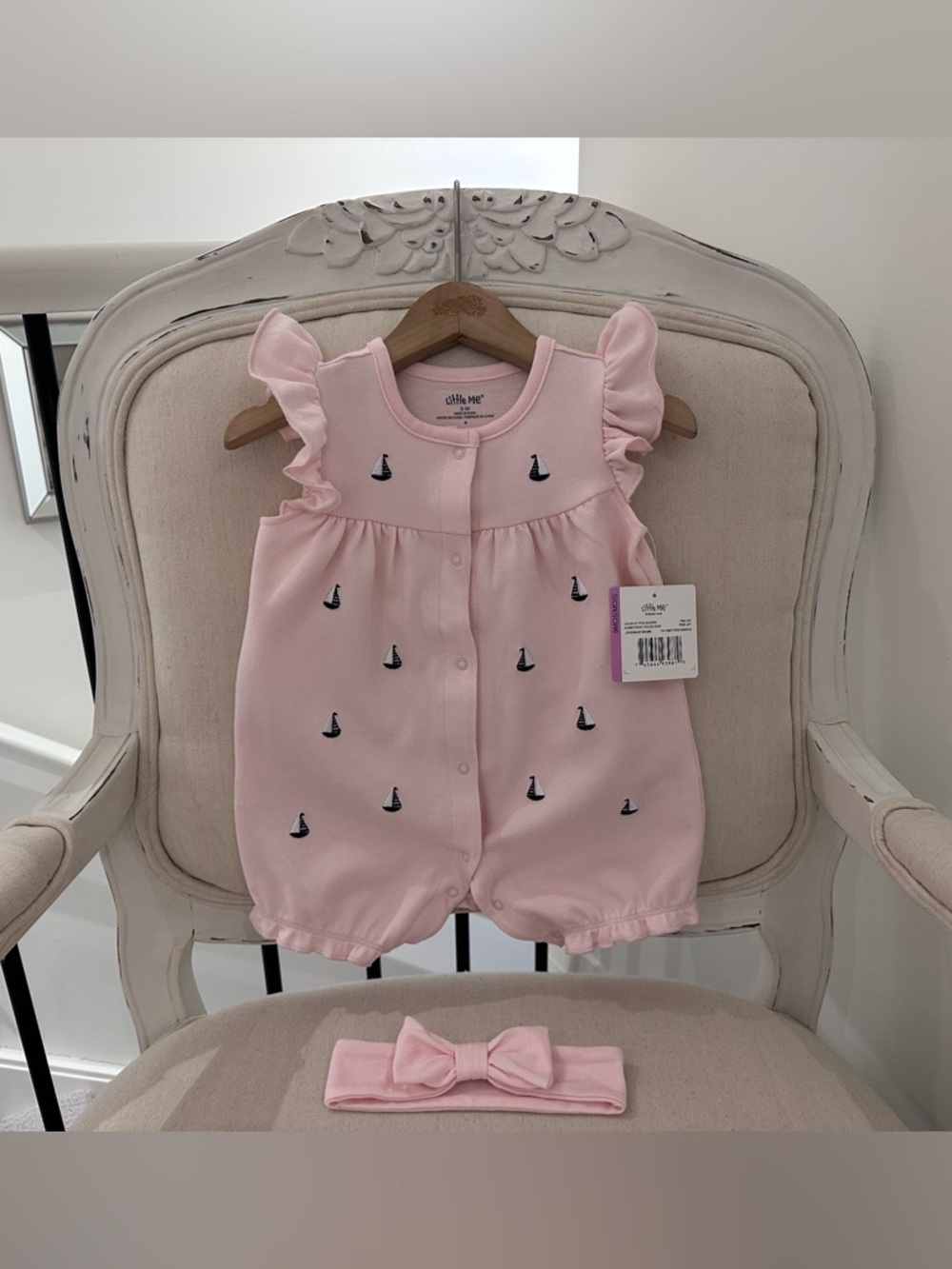 ⚓️ 9 Mth Ballet Pink Baby Polo Style 100% Cotton Ruffled Sailboat Romper Set NWT